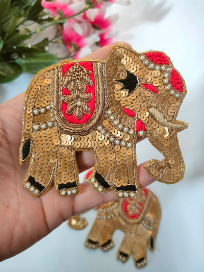 1 Pair - Golden Indian Sequin Embroidered Elephant Patch