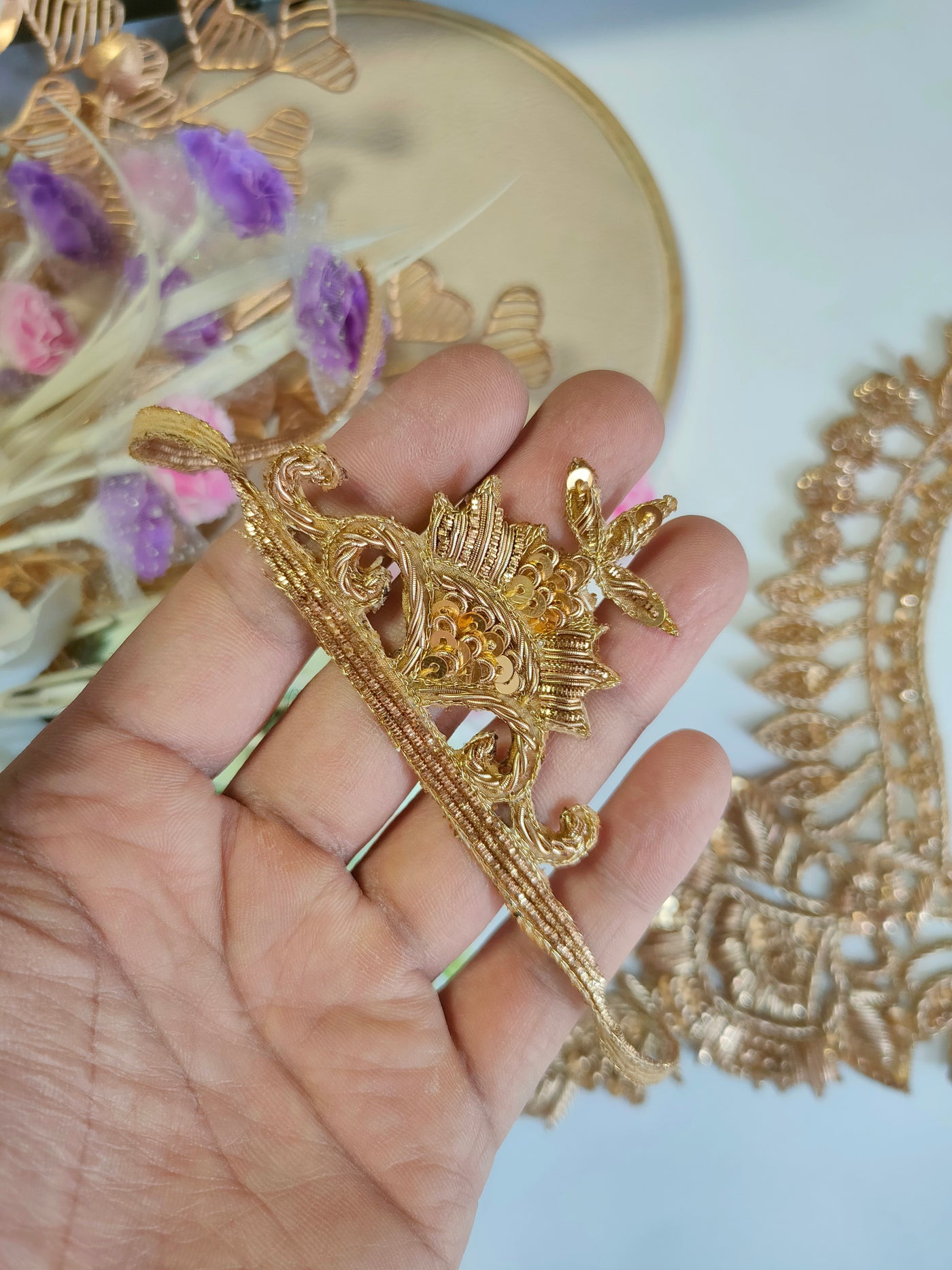 Golden Intricate Baroque Zardozi Neckline Patch with Sleeves