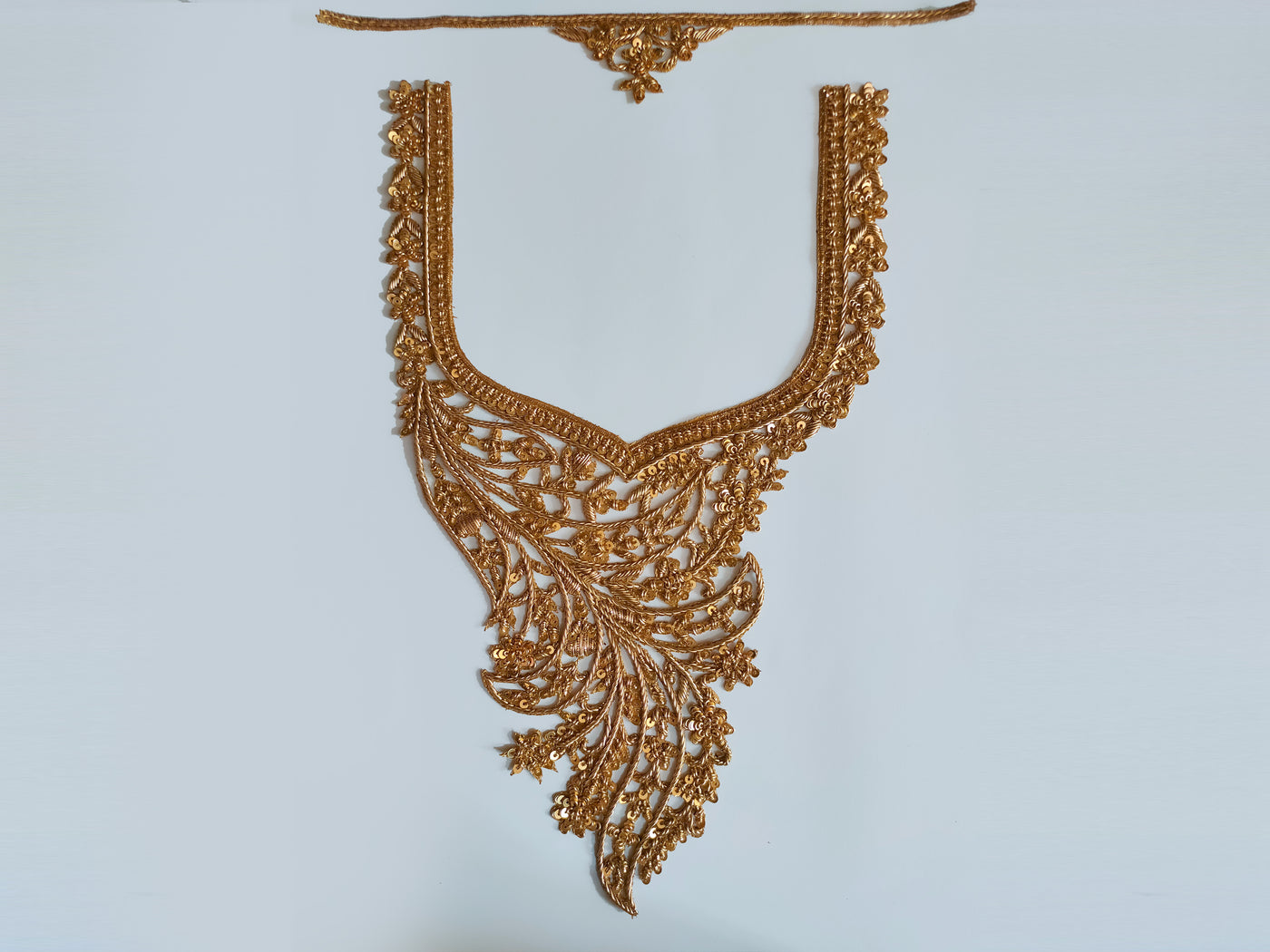 Bronze Gold Hand Zardozi Floral Neckline Patch with Sleeves