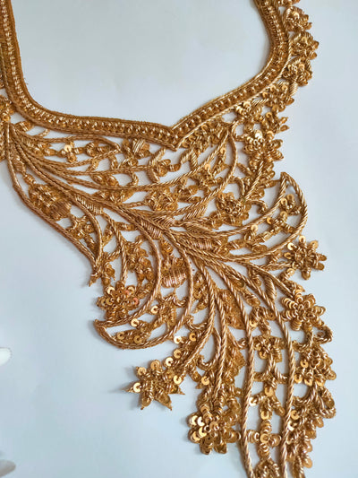 Bronze Gold Hand Zardozi Floral Neckline Patch with Sleeves