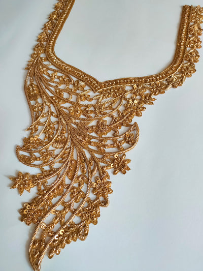 Bronze Gold Hand Zardozi Floral Neckline Patch with Sleeves