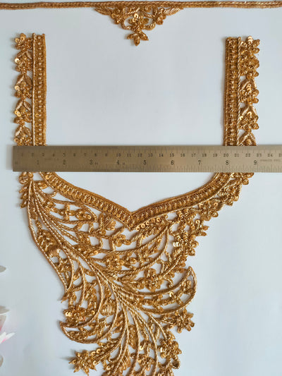 Bronze Gold Hand Zardozi Floral Neckline Patch with Sleeves