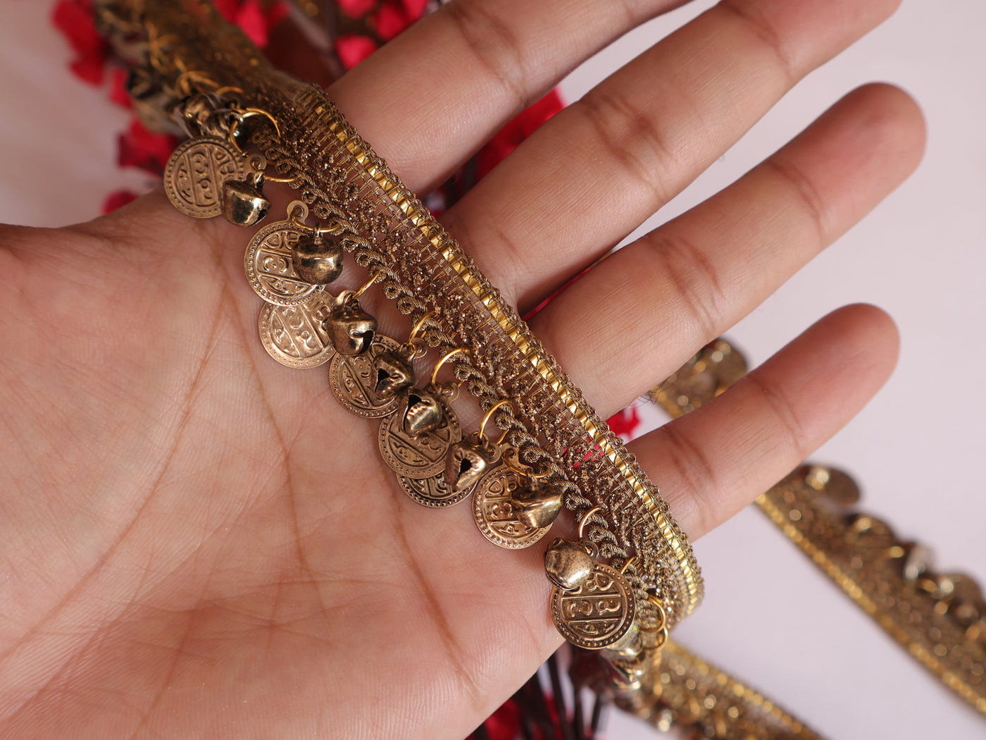 3 Yards - Brown Metal/ Silver Coin & Ghungru Bell Lace Trim