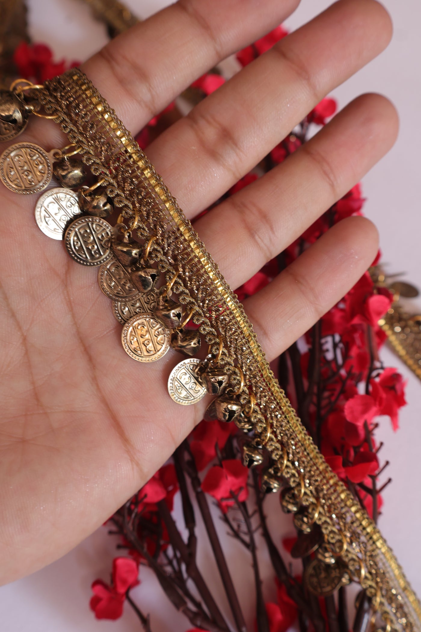 3 Yards - Brown Metal/ Silver Coin & Ghungru Bell Lace Trim