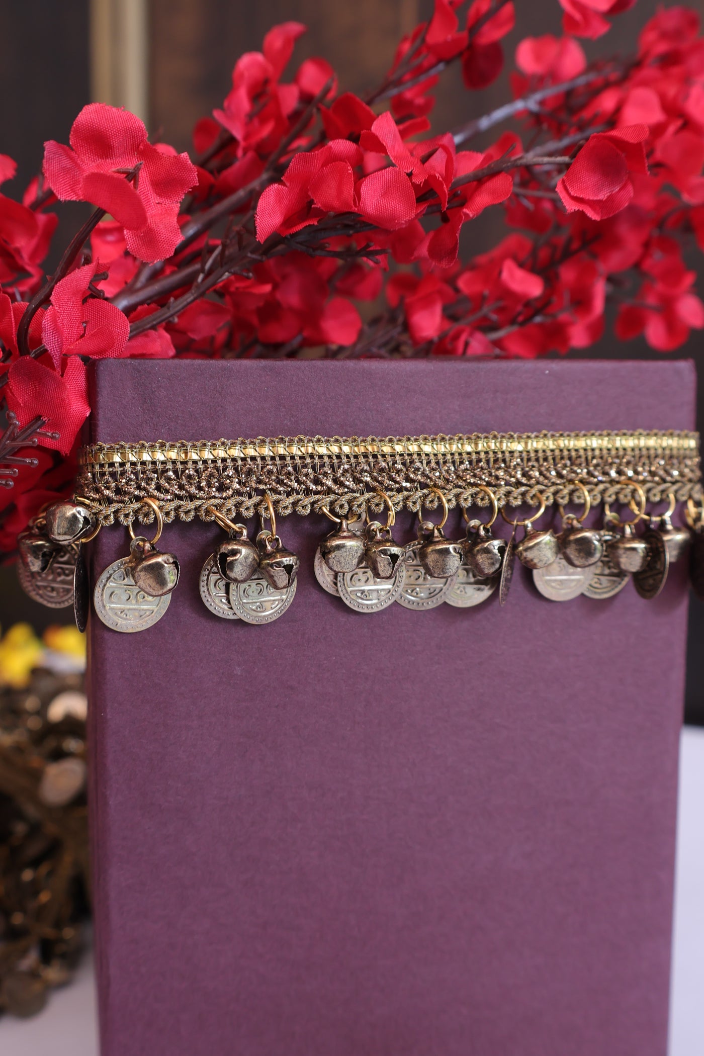 3 Yards - Brown Metal/ Silver Coin & Ghungru Bell Lace Trim