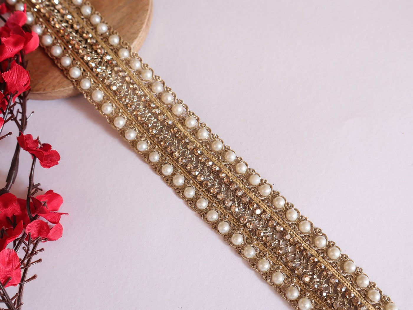 9 Yards - Narrow Pearl & Zircon Lace Trim, Indian Sari Border Ribbon