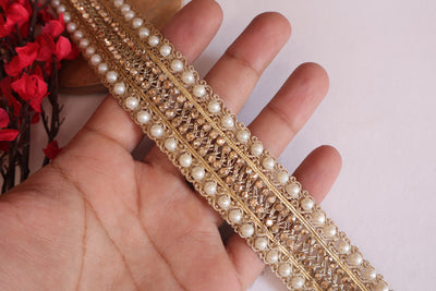 9 Yards - Narrow Pearl & Zircon Lace Trim, Indian Sari Border Ribbon