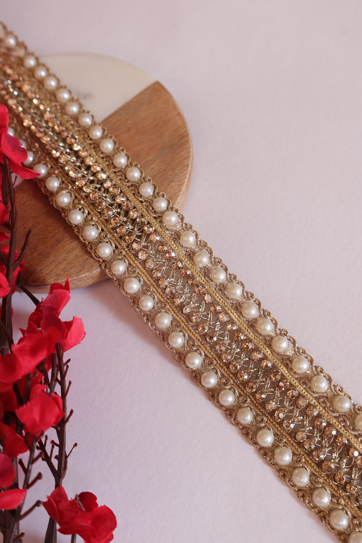 9 Yards - Narrow Pearl & Zircon Lace Trim, Indian Sari Border Ribbon