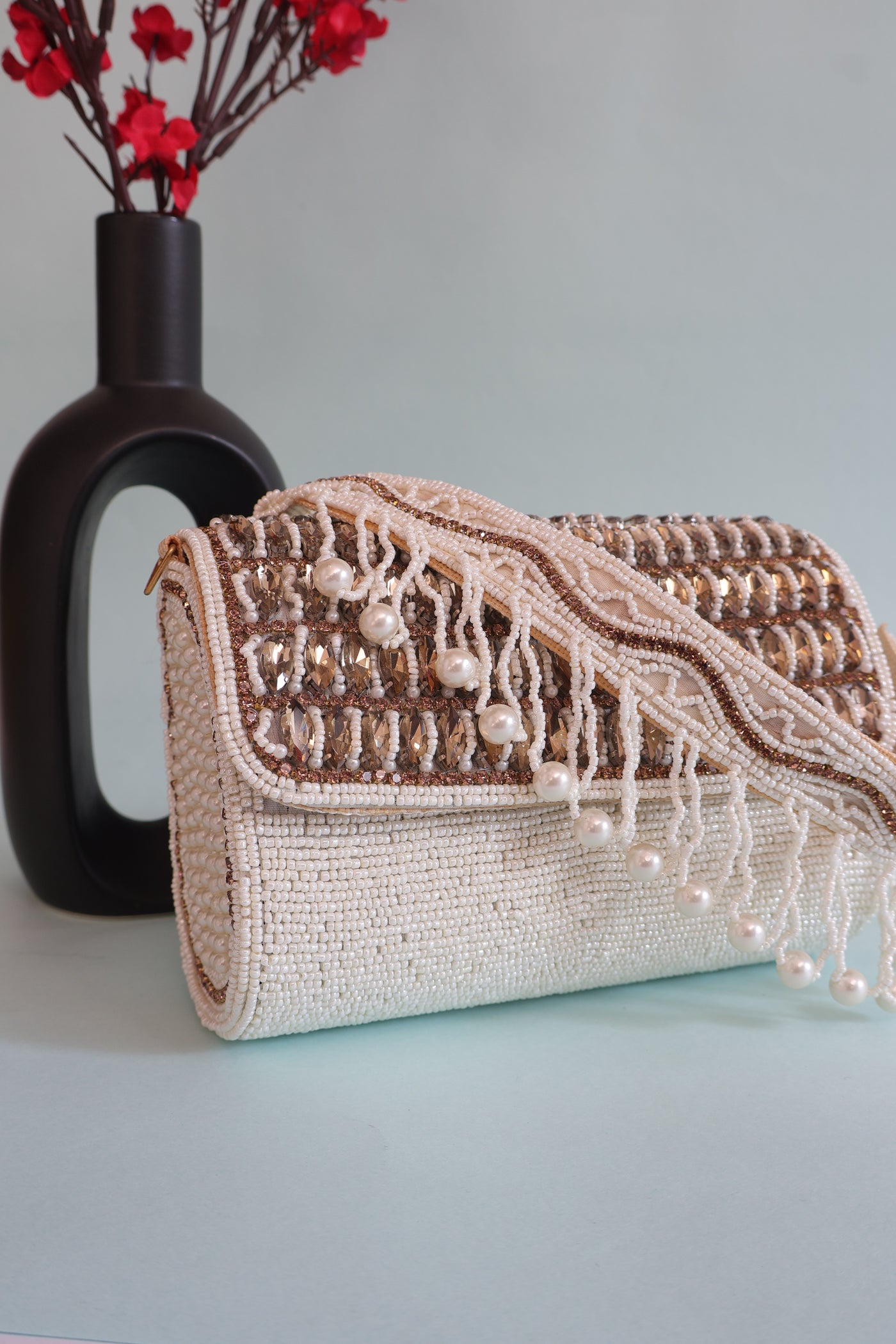 Exquisite White Indian Beaded Bridal Clutch Bag