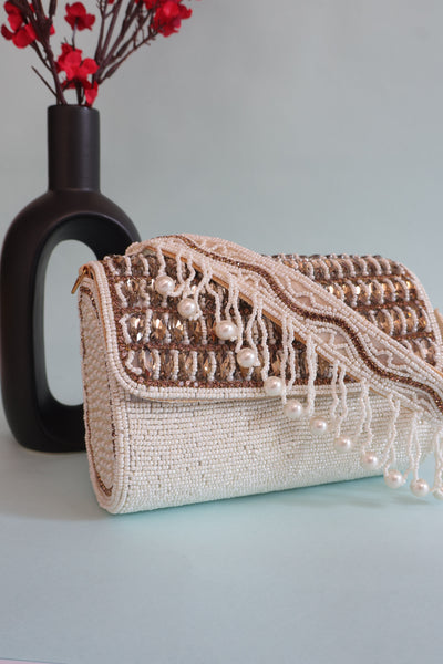 Exquisite White Indian Beaded Bridal Clutch Bag