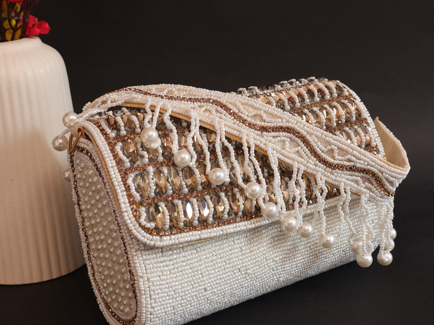 Exquisite White Indian Beaded Bridal Clutch Bag