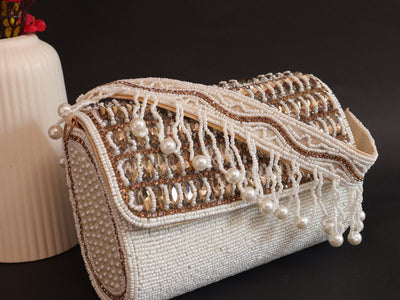 Exquisite White Indian Beaded Bridal Clutch Bag