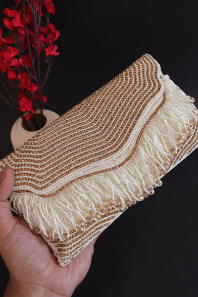 Premium Handheld White & Golden Zircon Beaded Clutch Bag