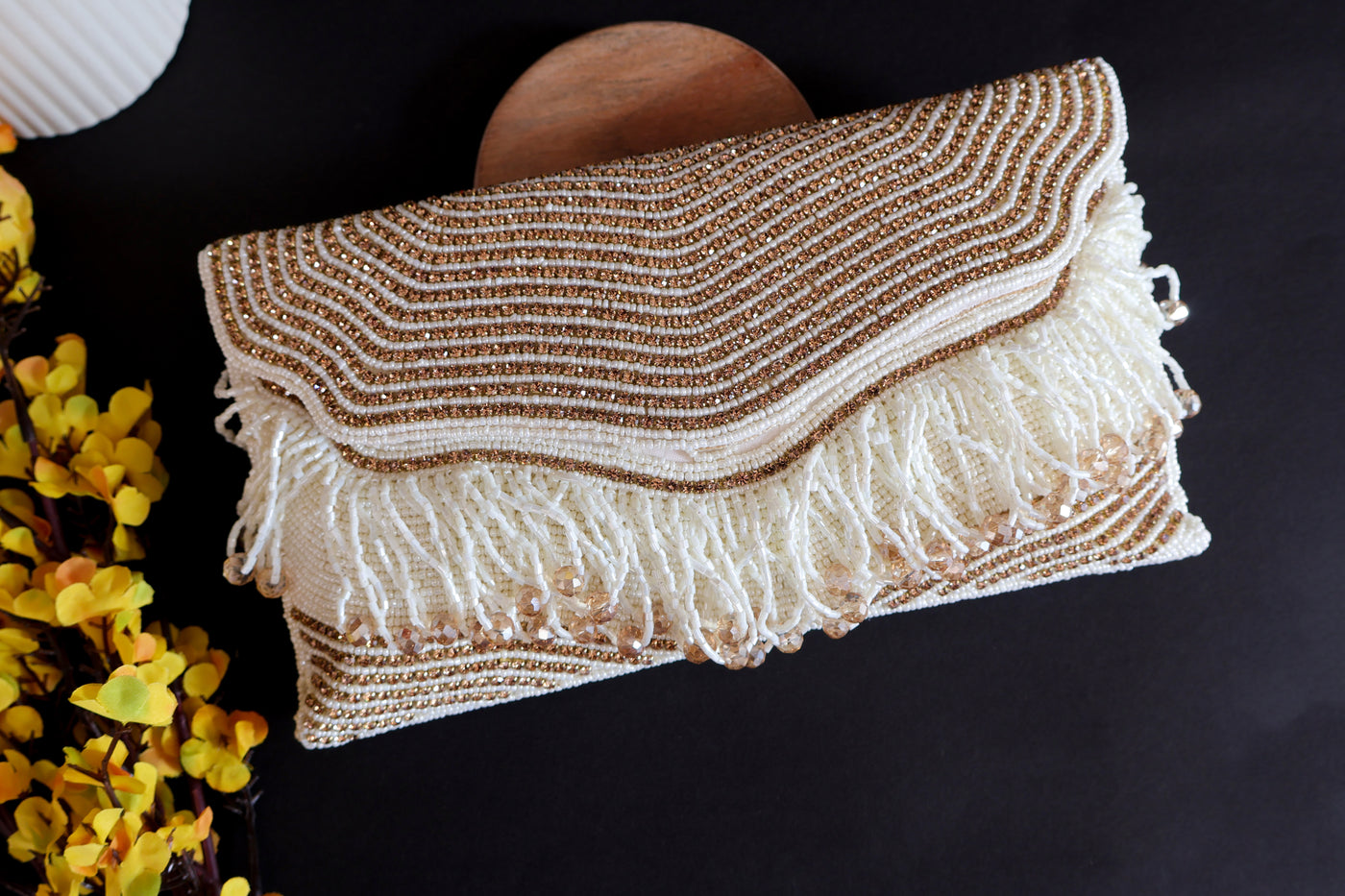 Premium Handheld White & Golden Zircon Beaded Clutch Bag