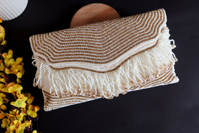 Premium Handheld White & Golden Zircon Beaded Clutch Bag