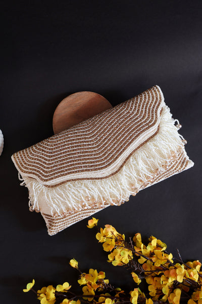 Premium Handheld White & Golden Zircon Beaded Clutch Bag