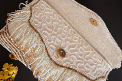Premium Handheld White & Golden Zircon Beaded Clutch Bag