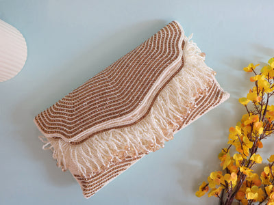 Premium Handheld White & Golden Zircon Beaded Clutch Bag