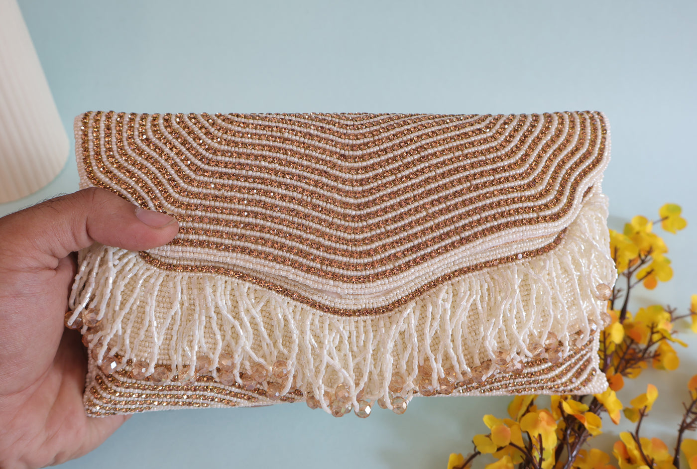 Premium Handheld White & Golden Zircon Beaded Clutch Bag