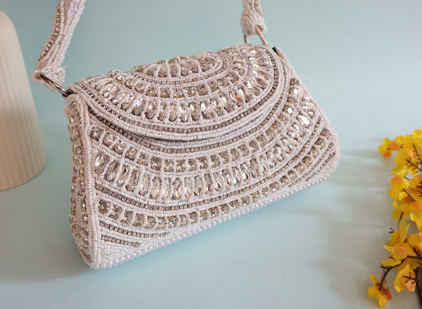 Pearl White Zircon & Beads Bridal Clutch Handbag