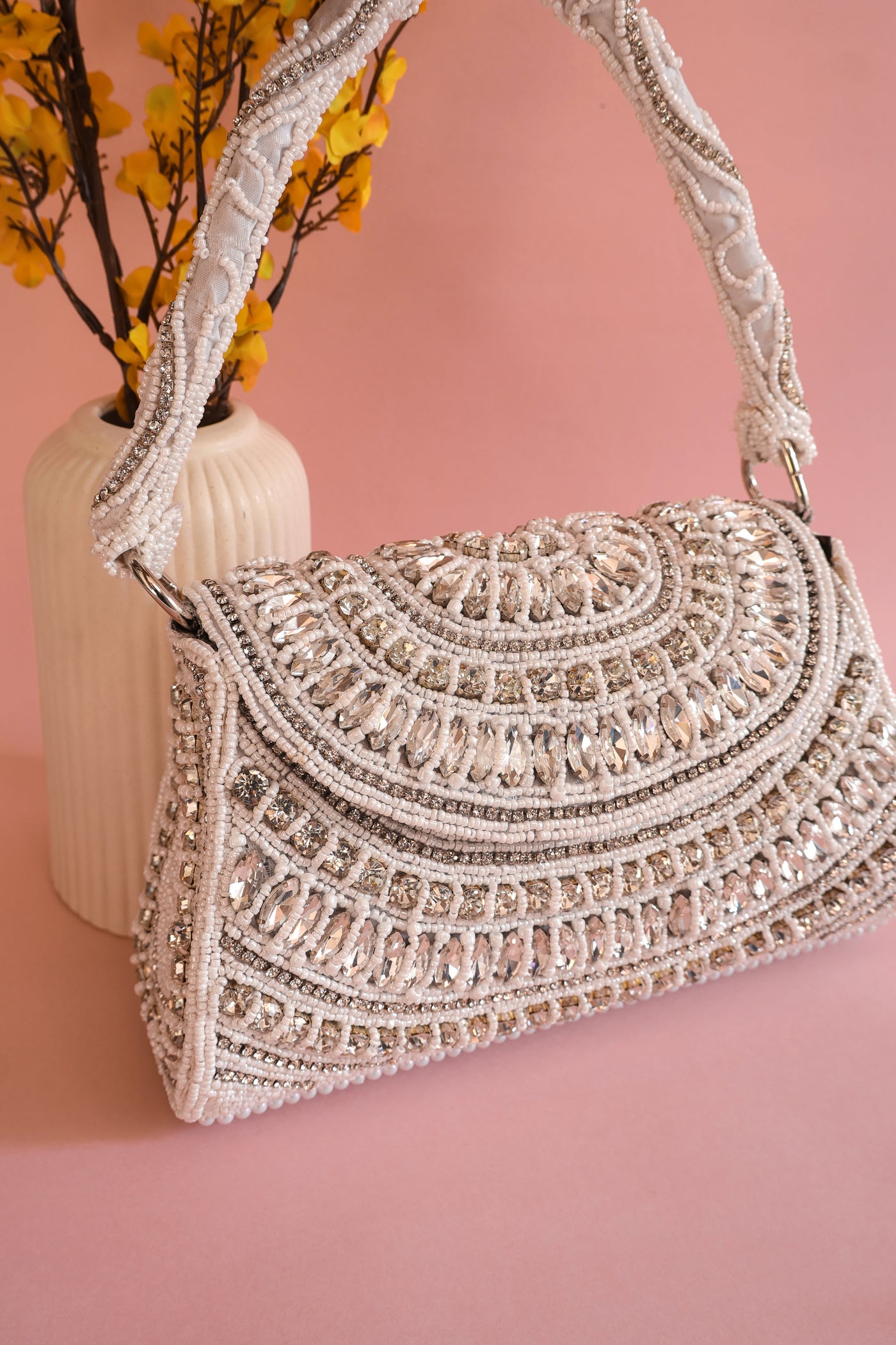 Pearl White Zircon & Beads Bridal Clutch Handbag