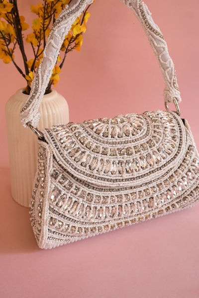 Pearl White Zircon & Beads Bridal Clutch Handbag