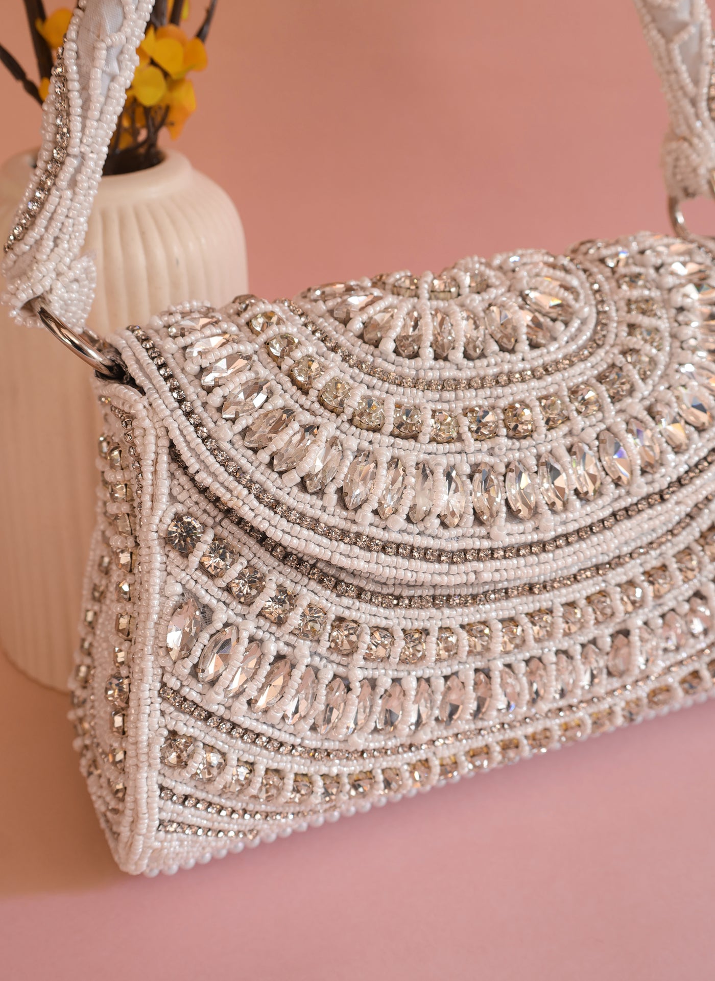 Pearl White Zircon & Beads Bridal Clutch Handbag