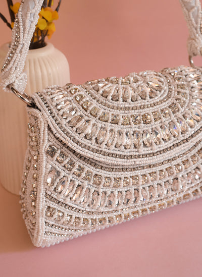 Pearl White Zircon & Beads Bridal Clutch Handbag