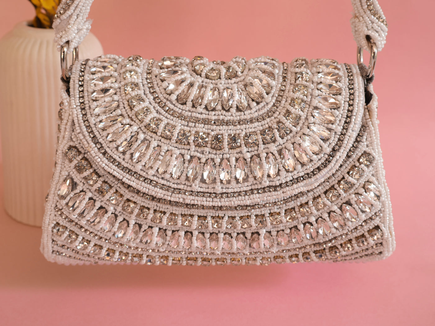 Pearl White Zircon & Beads Bridal Clutch Handbag