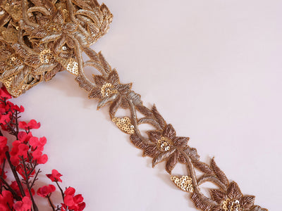 1 Yard - Antique Gold Hand Zardozi Premium Golden Trim