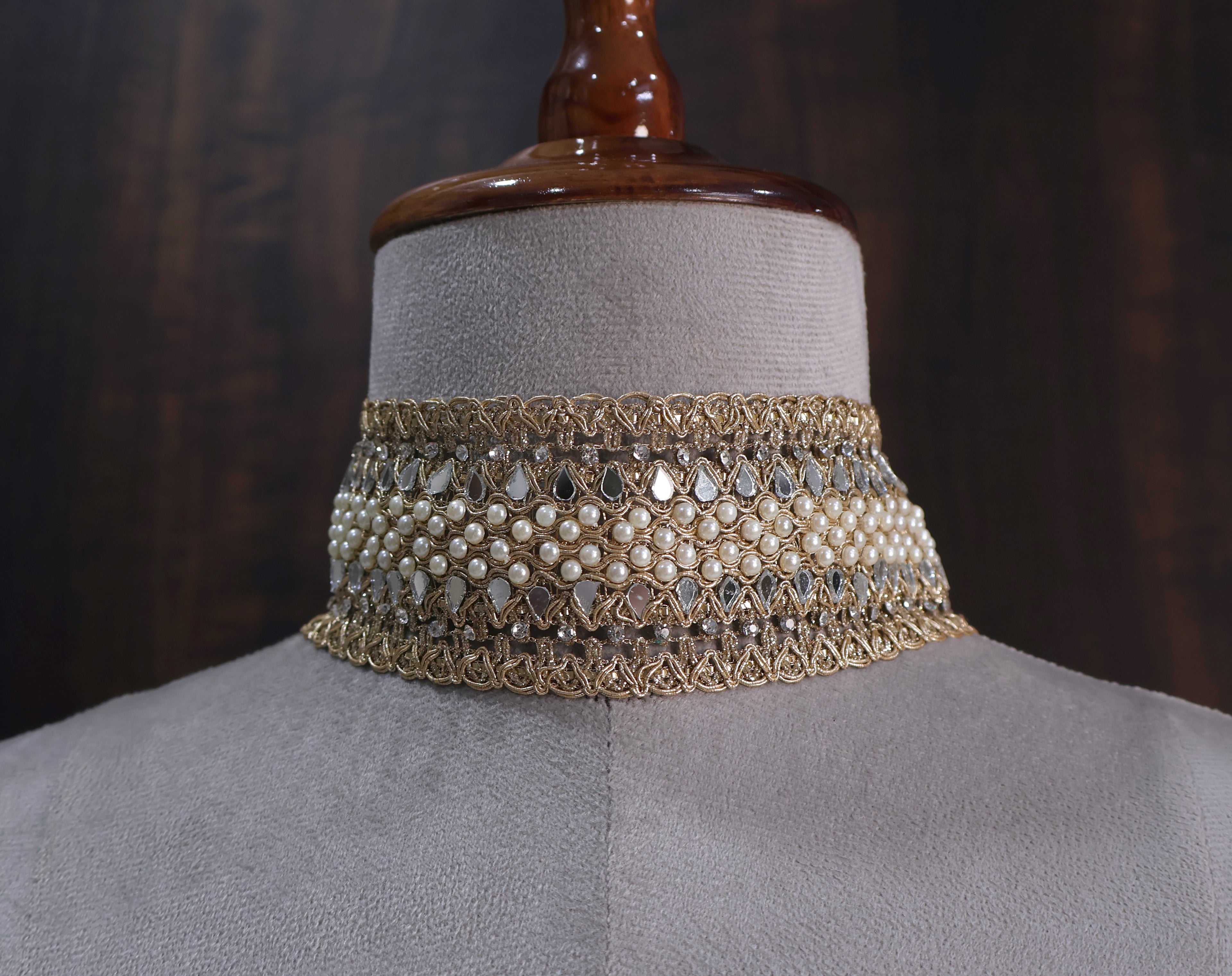 Pearl & Mirror Bohemian Choker: Handmade Ethnic Wedding Collar