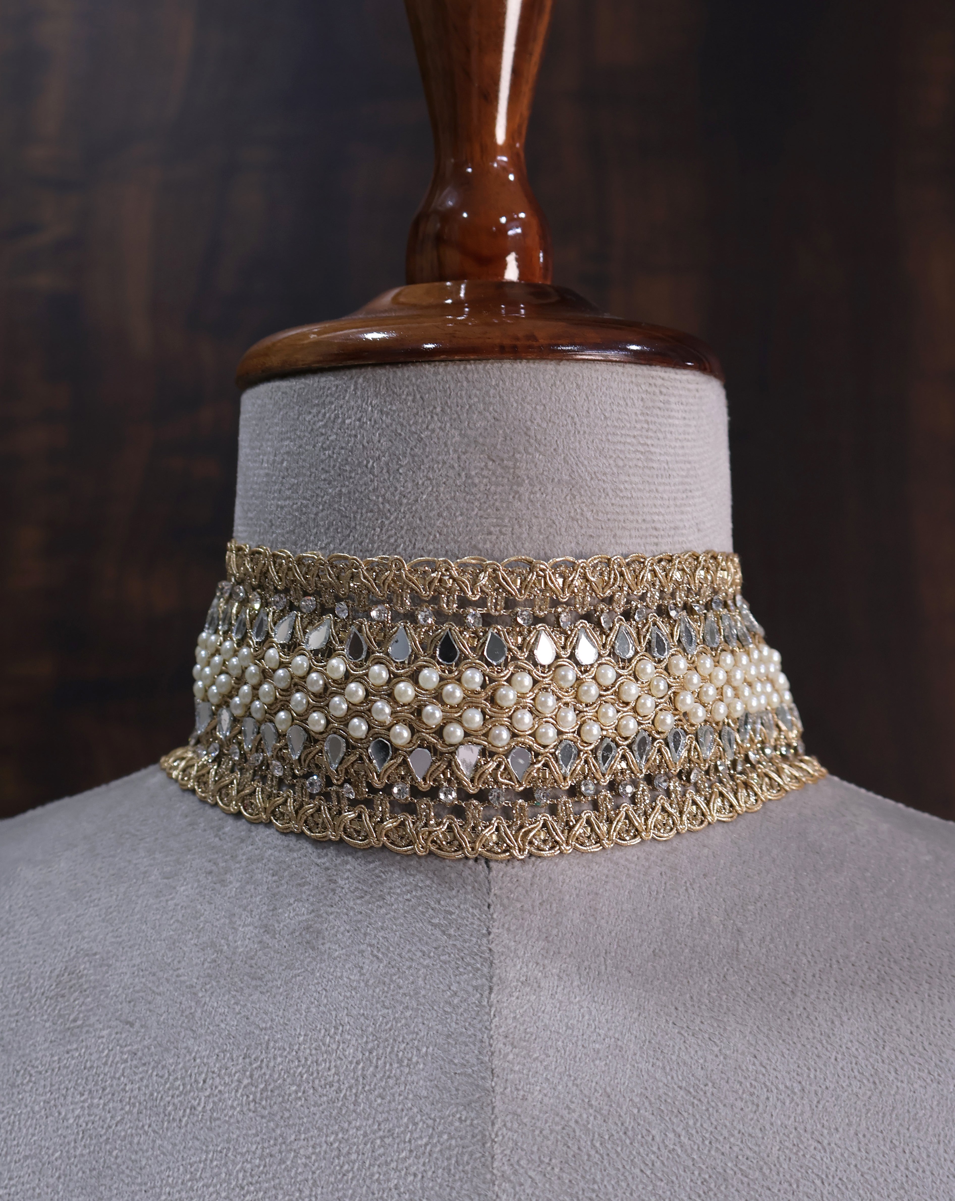Pearl & Mirror Bohemian Choker: Handmade Ethnic Wedding Collar
