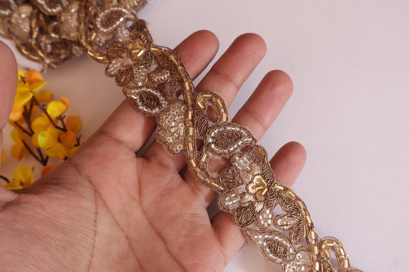 Dual Tone Gold Floral Vine Zari Lace Trim - 3 Yards