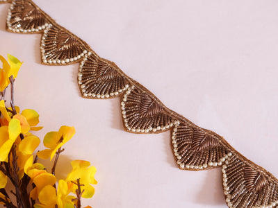 Scalloped Zardozi Antique Gold Indian Embroidered Trim - 1 Yard