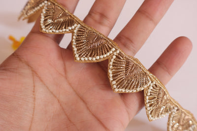 Scalloped Zardozi Antique Gold Indian Embroidered Trim - 1 Yard
