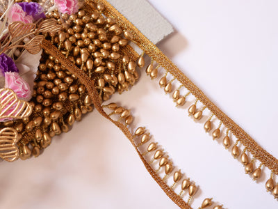 4 Yards - Matt Gold Raindrop Suspended Beaded Trim 2.5cm Wide