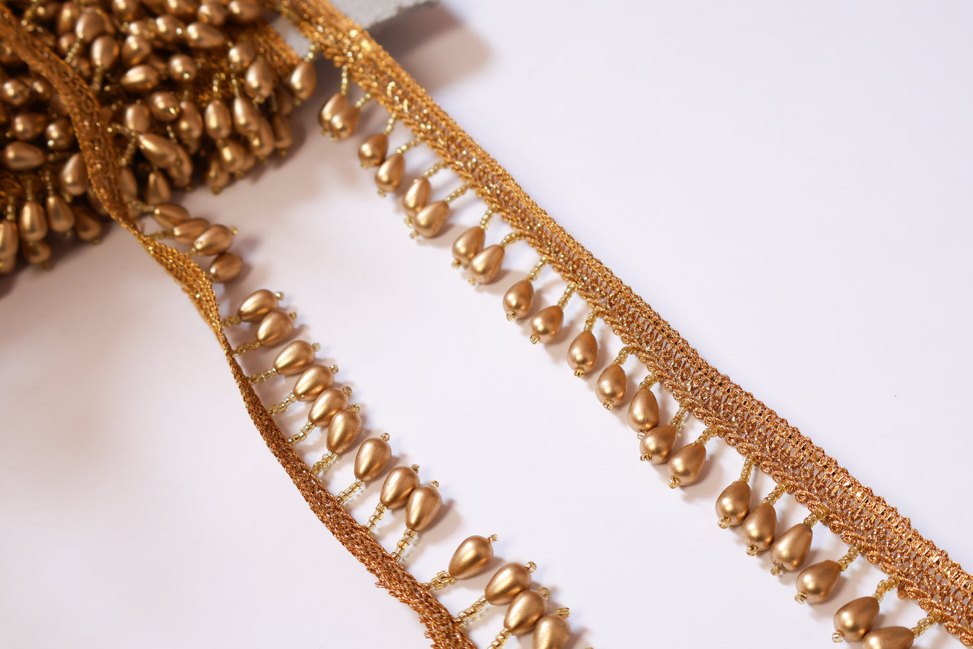 4 Yards - Matt Gold Raindrop Suspended Beaded Trim 2.5cm Wide