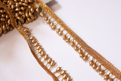 4 Yards - Matt Gold Raindrop Suspended Beaded Trim 2.5cm Wide