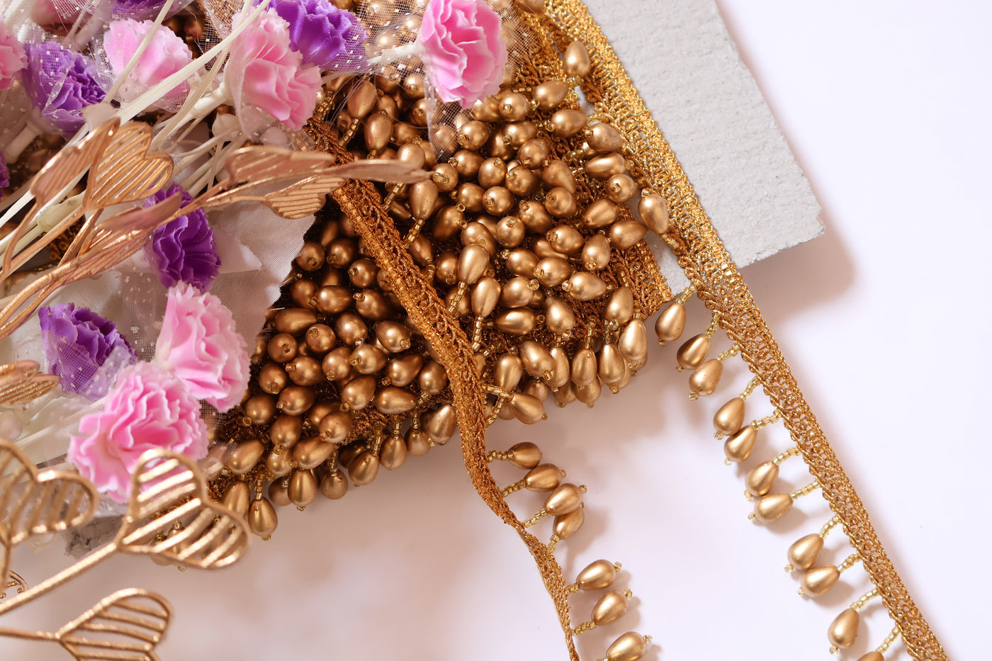 4 Yards - Matt Gold Raindrop Suspended Beaded Trim 2.5cm Wide