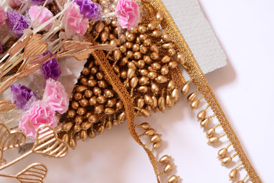 4 Yards - Matt Gold Raindrop Suspended Beaded Trim 2.5cm Wide