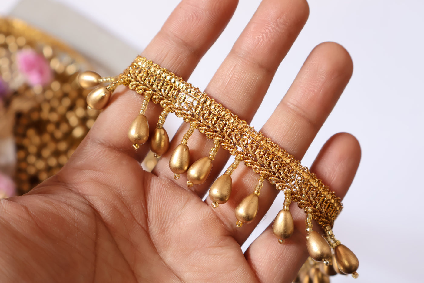 4 Yards - Matt Gold Raindrop Suspended Beaded Trim 2.5cm Wide