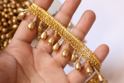 4 Yards - Matt Gold Raindrop Suspended Beaded Trim 2.5cm Wide
