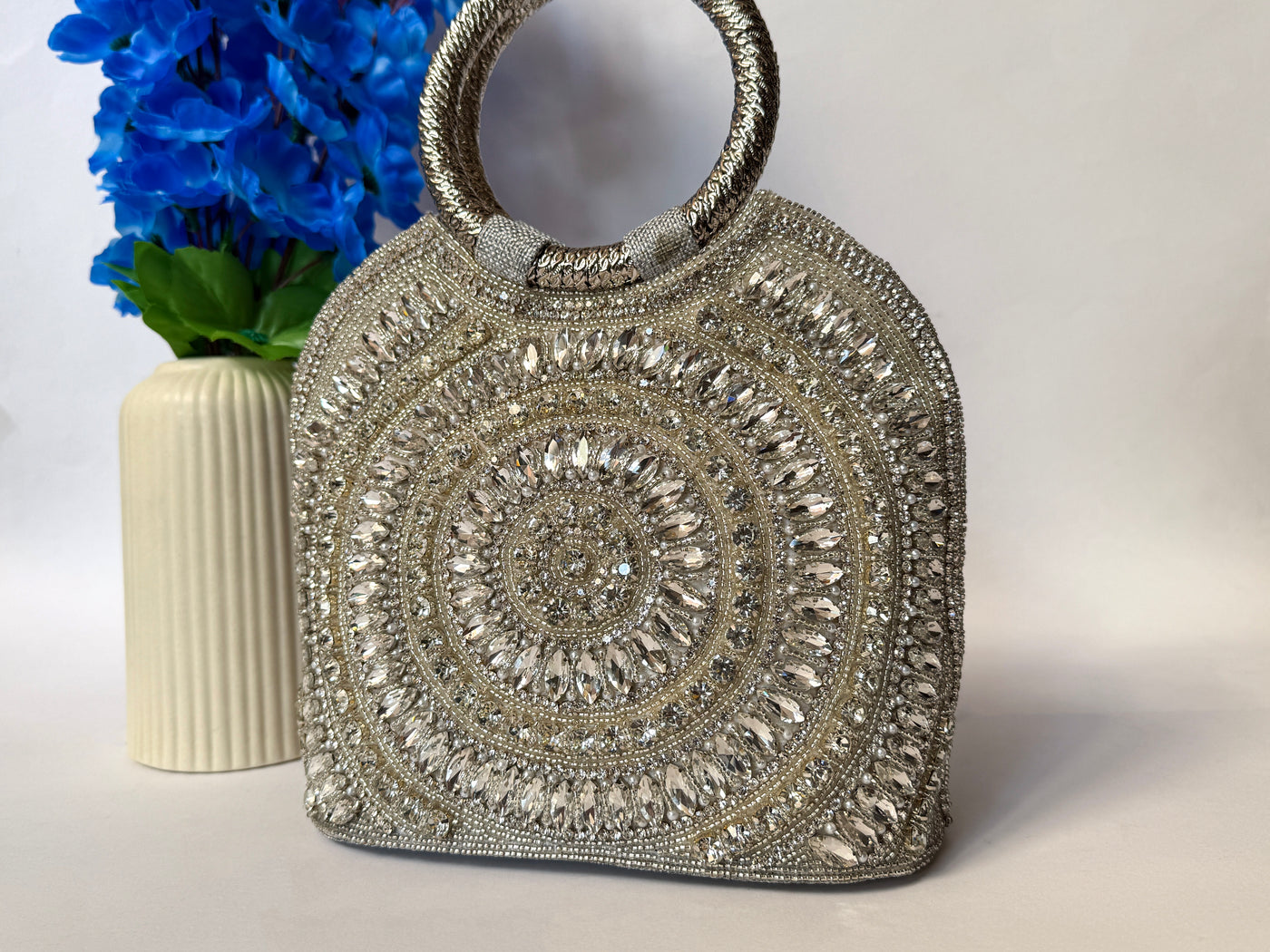 Luxury Silver Bridal Zircon Handbag, Indian Wedding Clutch
