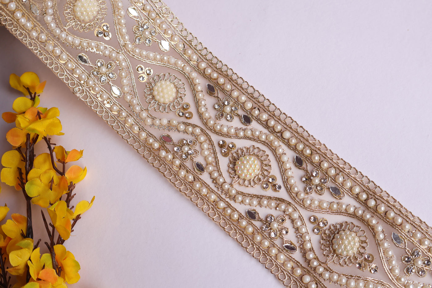 Creme Gold Pearl & Zircon Lace Border 7cm Wide- 3 Yards Long