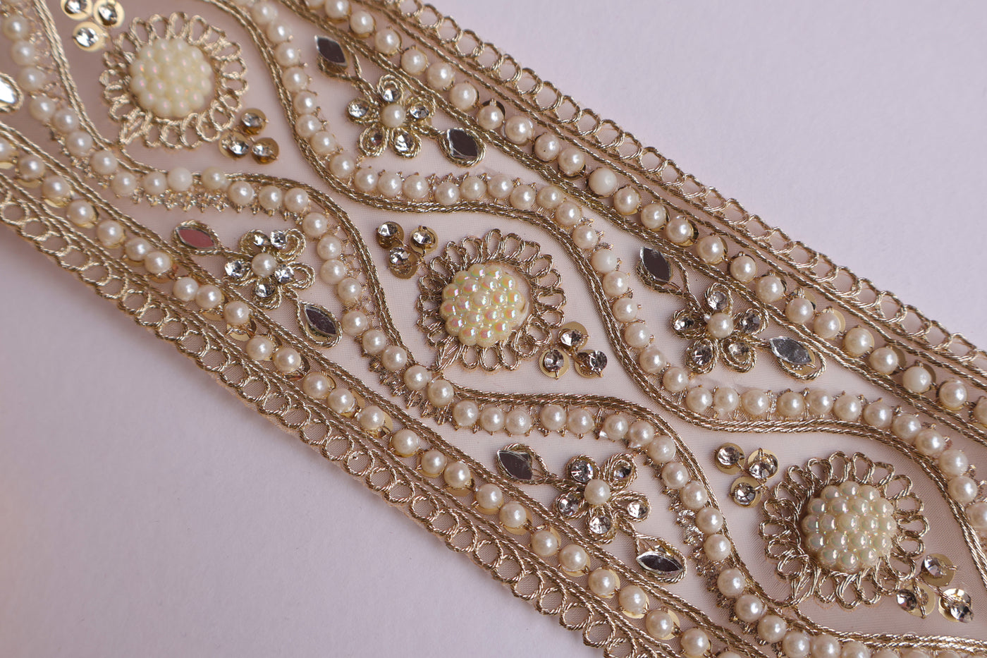 Creme Gold Pearl & Zircon Lace Border 7cm Wide- 3 Yards Long