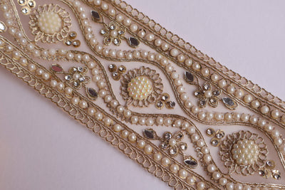 Creme Gold Pearl & Zircon Lace Border 7cm Wide- 3 Yards Long