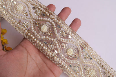 Creme Gold Pearl & Zircon Lace Border 7cm Wide- 3 Yards Long