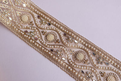 Creme Gold Pearl & Zircon Lace Border 7cm Wide- 3 Yards Long