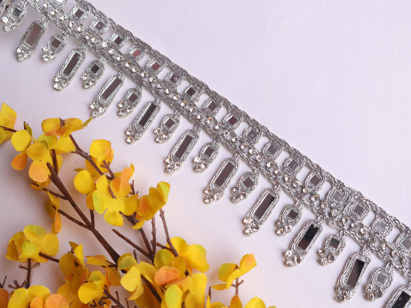 Silver Symmetric Mirror Trim, Suspended Cutwork Zircon Lace - 3 Yards Long