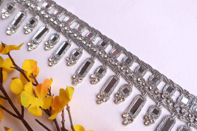 Silver Symmetric Mirror Trim, Suspended Cutwork Zircon Lace - 3 Yards Long